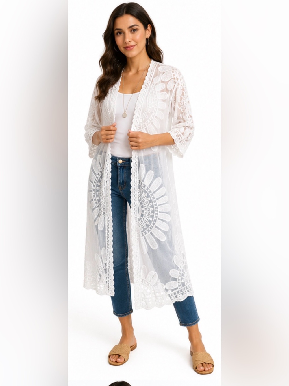Raj White Embroidered Sheer Lace Long Duster Kimono One Size NWT